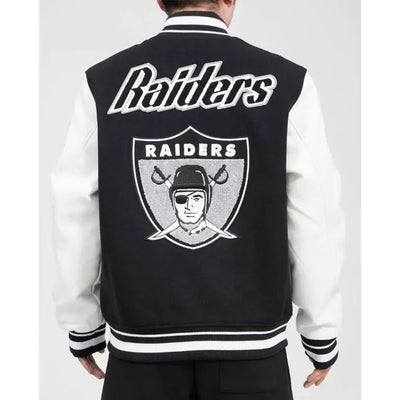 Los Vegas Raiders Pro Black Wool and White Genuine Leather Sleeves Men's Varsity Letterman Jacket