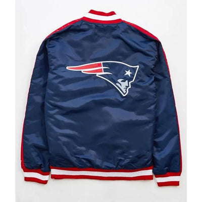 New England Patriots Striped Full-Snap Varsity Navy Blue Satin Men's Bomber Jacket