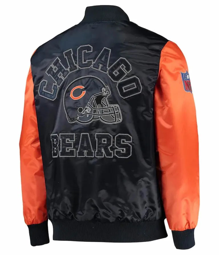 Chicago Bears Locker Room Throwback Full-Snap Varsity Navy Blue and Orange Satin Men's Bomber Jacket