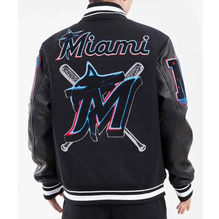 Miami Marlins Mash Up Full-Zip Black Wool/Leather Varsity Men's Jacket