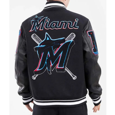 Miami Marlins Mash Up Full-Zip Black Wool/Leather Varsity Men's Jacket