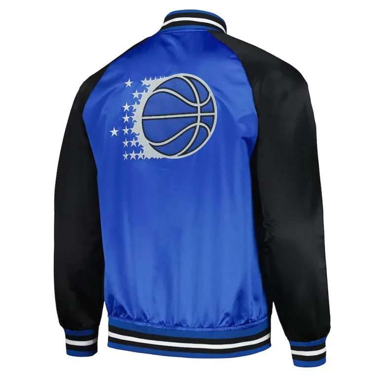 Orlando Magic Double Clutch Full-Snap Varsity Black and Blue Satin Men's Bomber Jacket