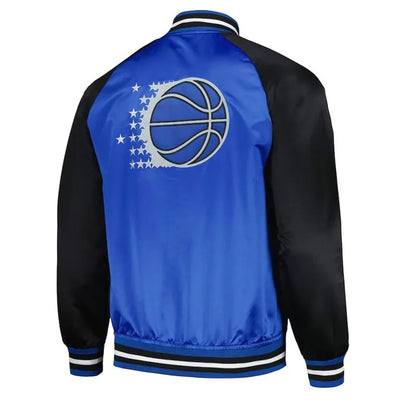 Orlando Magic Double Clutch Full-Snap Varsity Black and Blue Satin Men's Bomber Jacket