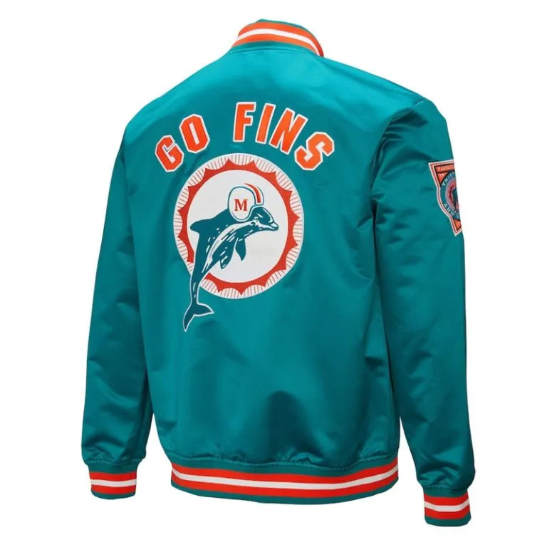 Miami Dolphins Double Down Full-Snap Varsity Aqua Satin Men's Bomber Jacket