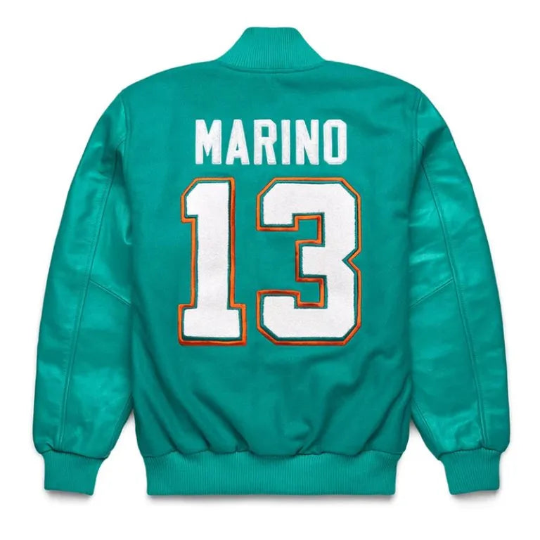 Miami Dolphins Dan Marino Goat Aqua Wool and Genuine Leather Sleeves Men's Varsity Letterman Jacket