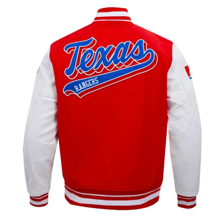 Texas Rangers Script Tail Red Wool & White Leather Sleeves Varsity Men's Jacket