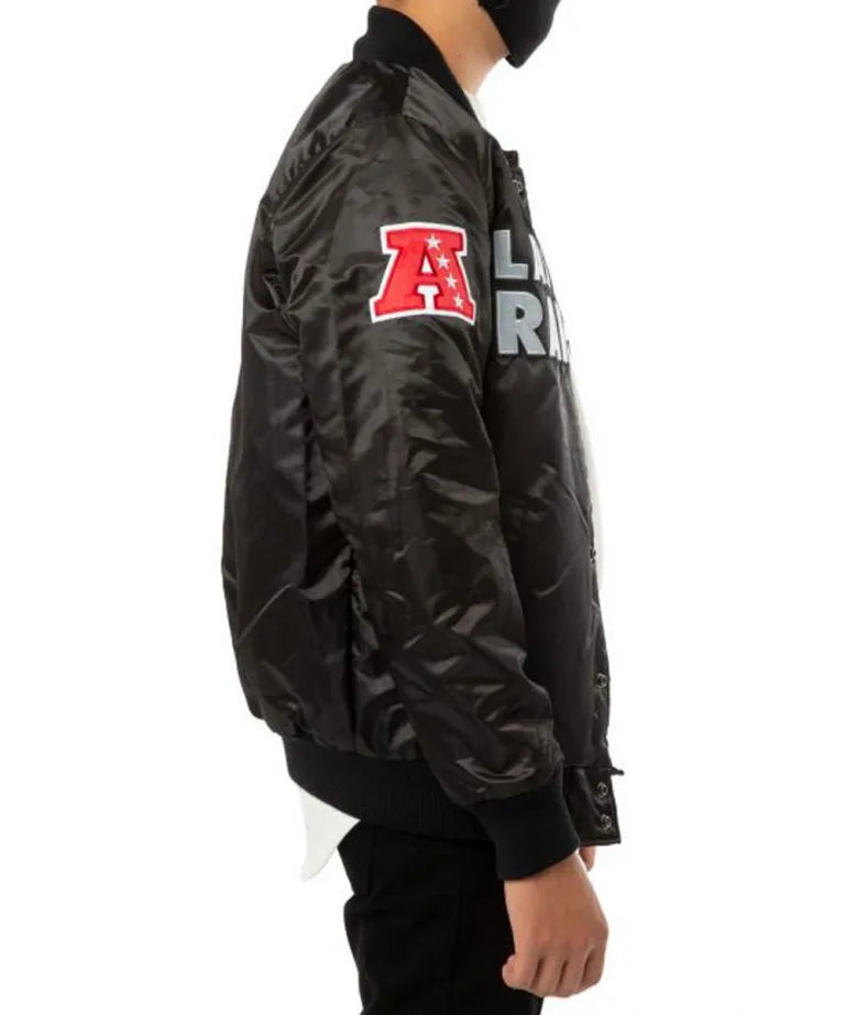 Los Angeles Raiders Back Shield Full-Snap Varsity Black Satin Men's Bomber Jacket
