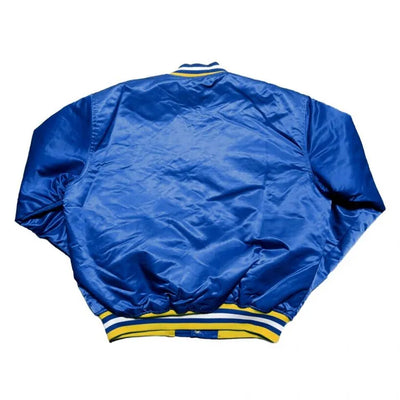 90s NBA Golden State Warriors Full-Snap Varsity Royal Blue Satin Men's Bomber Jacket