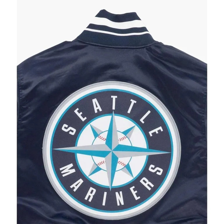 Seattle Mariners Script Tail Full-Snap Varsity Navy Blue Satin Men's Jacket