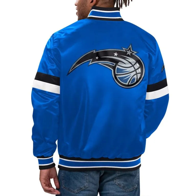 Orlando Magic Home Game Full-Snap Varsity Blue Satin Men's Bomber Jacket