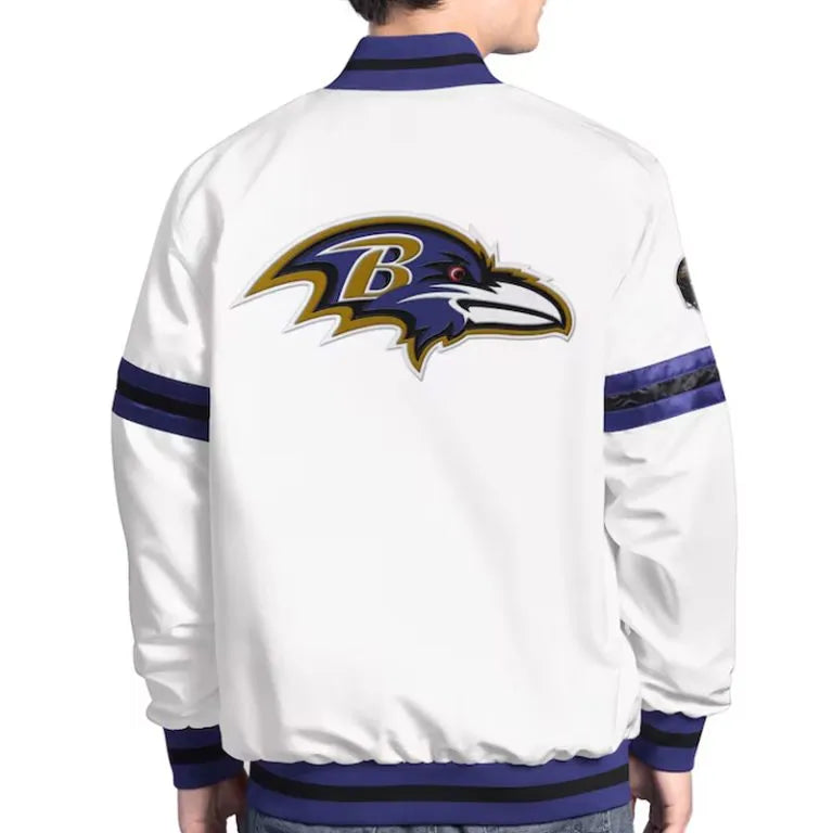 Baltimore Ravens Scout Full-Snap Varsity White Satin Men's Bomber Jacket