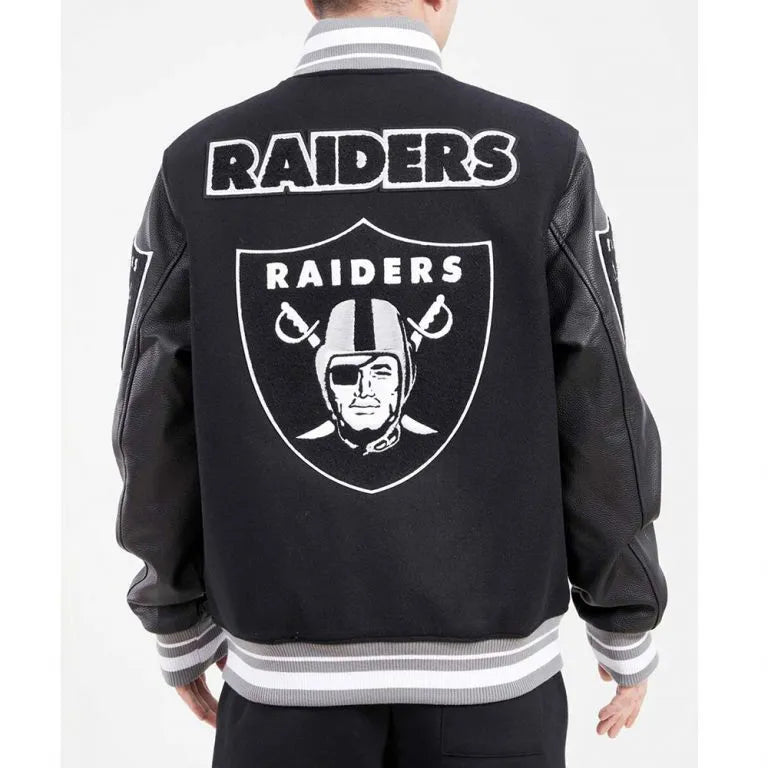 Los Vegas Raiders Black Wool and Genuine Leather Sleeves Men's Varsity Letterman Jacket