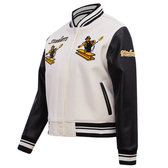 Pittsburgh Steelers Retro Classic Off White Wool & Black Genuine Leather Sleeves Men's Varsity Letterman Jacket