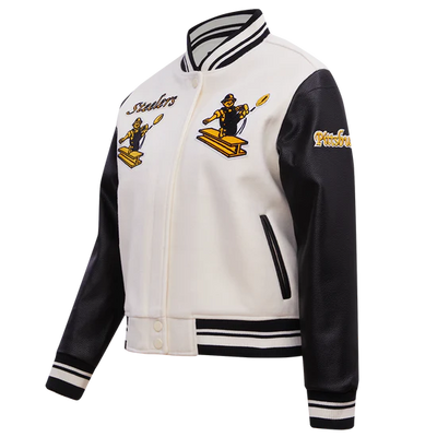 Pittsburgh Steelers Retro Classic Off White Wool & Black Genuine Leather Sleeves Men's Varsity Letterman Jacket