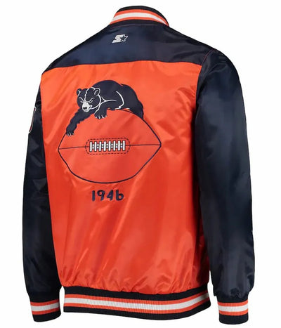 Chicago Bears The Tradition II Full-Snap Varsity Navy Blue & Orange Satin Men's Bomber Jacket