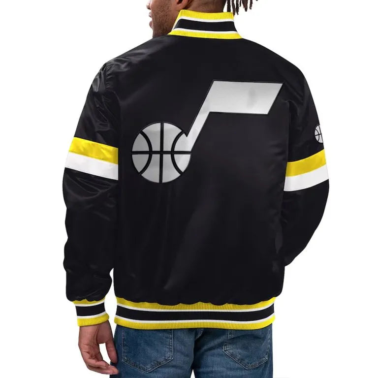 Utah Jazz Youth Home Game Full-Snap Varsity Black Satin Men's Bomber Jacket