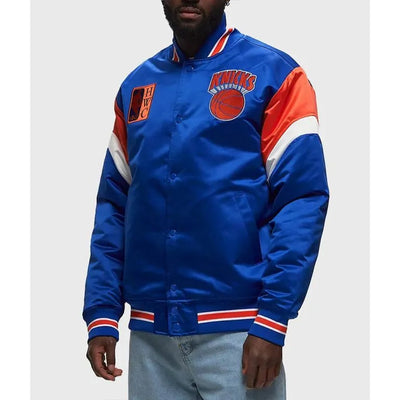 New York Knick Heavyweight Full-Snap Varsity Royal Blue Satin Men's Bomber Jacket