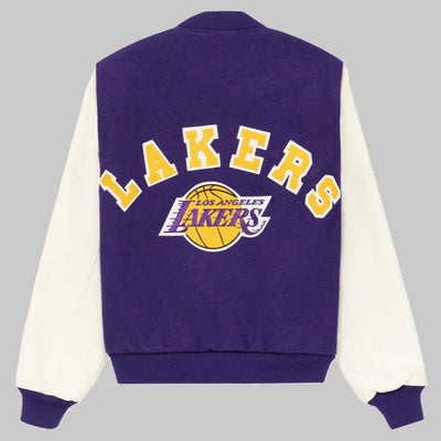 Los Angeles Lakers Vintage Varsity Purple Wool & White Genuine Leather Sleeves Men's Bomber Jacket