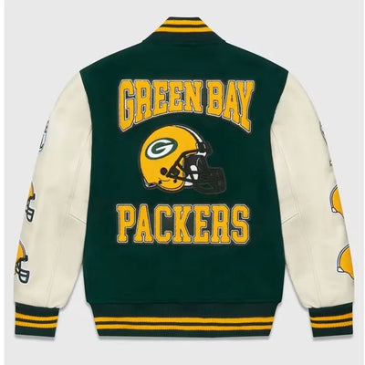 OVO Green Bay Packers Green Wool and White Genuine Leather Sleeves Men's Varsity Letterman Jacket