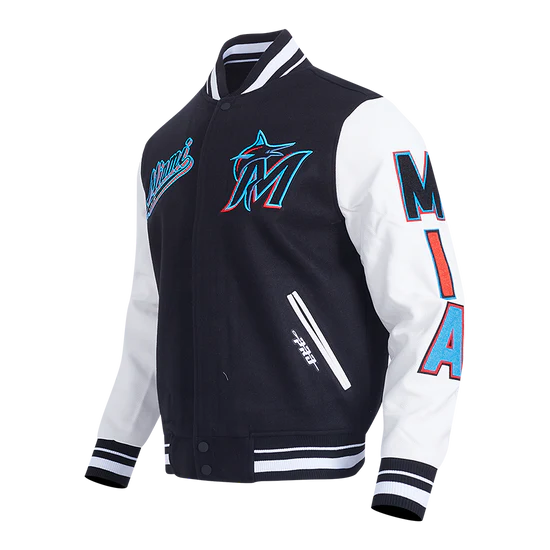 Miami Marlins Script Tail Varsity Letterman Black Wool & White Leather Men's Jacket