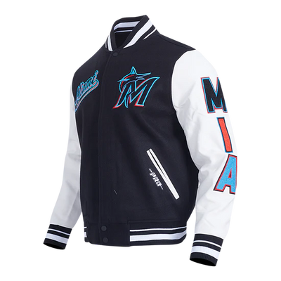 Miami Marlins Script Tail Varsity Letterman Black Wool & White Leather Men's Jacket