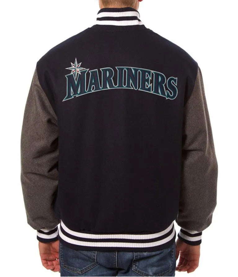 Seattle Mariners Navy and Grey Two Tone Wool Varsity Letterman Men's Jacket