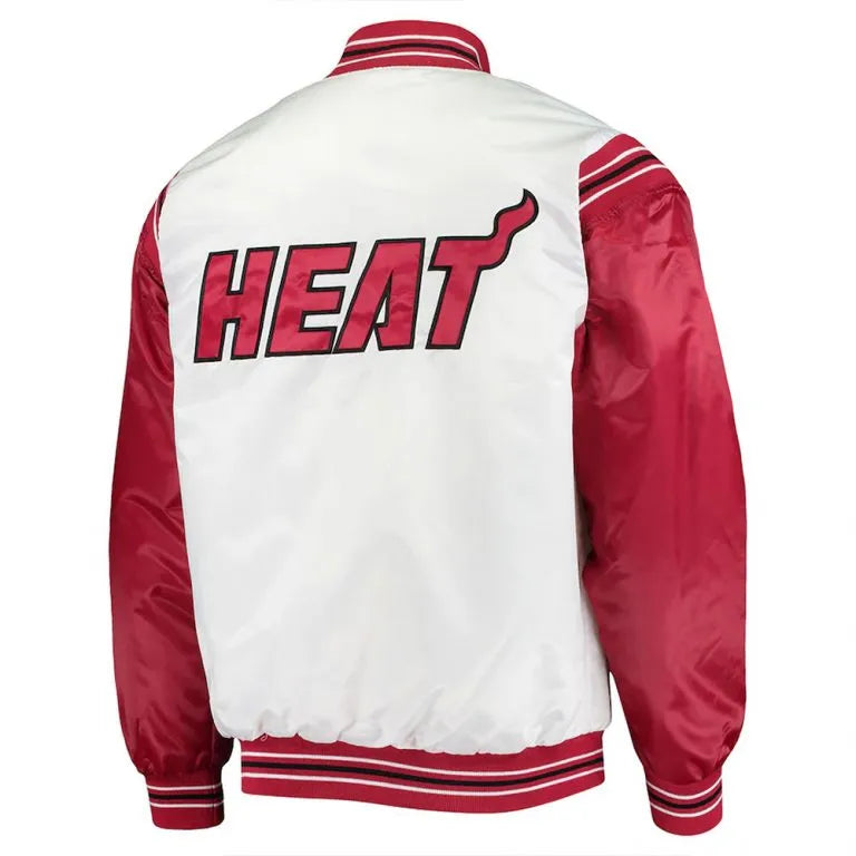Miami Heat Renegade Full-Snap Varsity White/Red Satin Men's Bomber Jacket