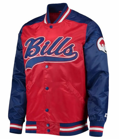 Buffalo Bills Full-Snap Varsity Blue and Red Satin Men's Bomber Jacket