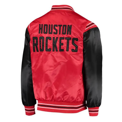 Houston Rockets The Enforcer Full-Snap Varsity Red and Black Satin Men's Bomber Jacket