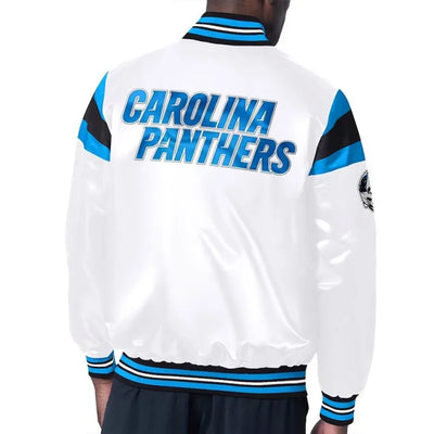 Carolina Panthers Midweight Full-Snap Varsity White Satin Men's Bomber Jacket