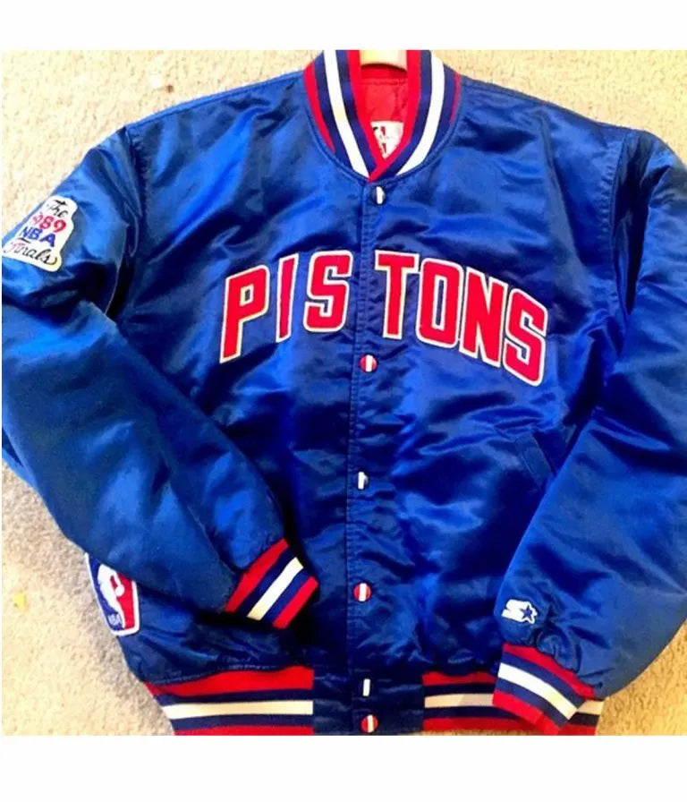 Detroit Pistons The 1989 NBA Finals Full-Snap Varsity Blue Satin Men's Bomber Jacket