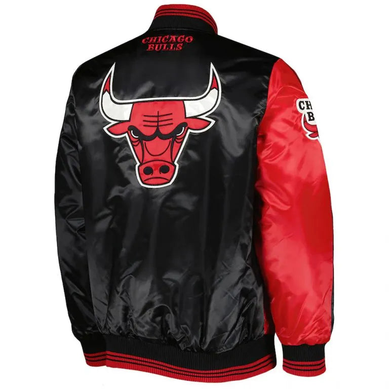 Chicago Bulls Fast Break Full-Snap Varsity Red and Black Satin Men's Bomber Jacket