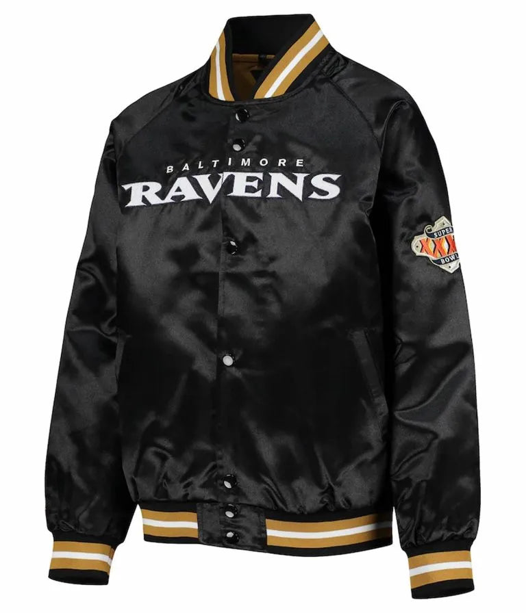 Baltimore Ravens Full-Snap Varsity Black Satin Men's Bomber Jacket