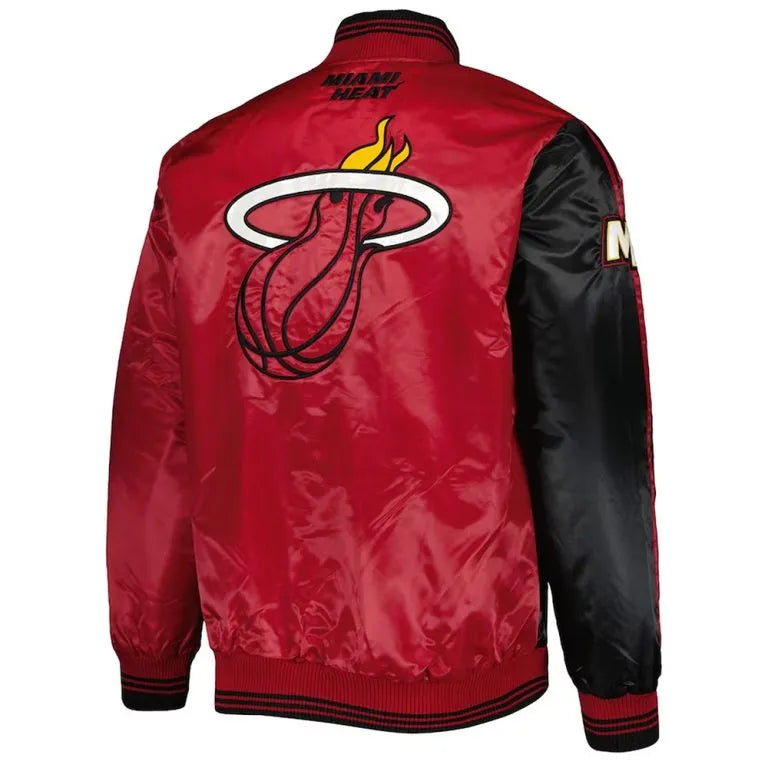 Miami Heat Fast Break Full-Snap Varsity Black/Red Satin Men's Bomber Jacket