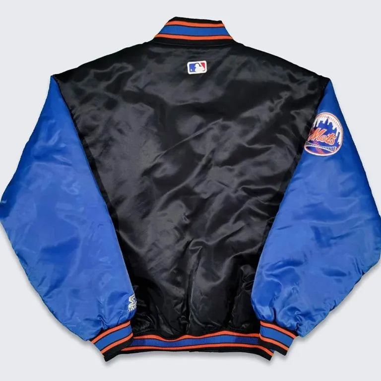 New York Mets 90’s Varsity Full-Snap Black/Blue Satin Men's Jacket