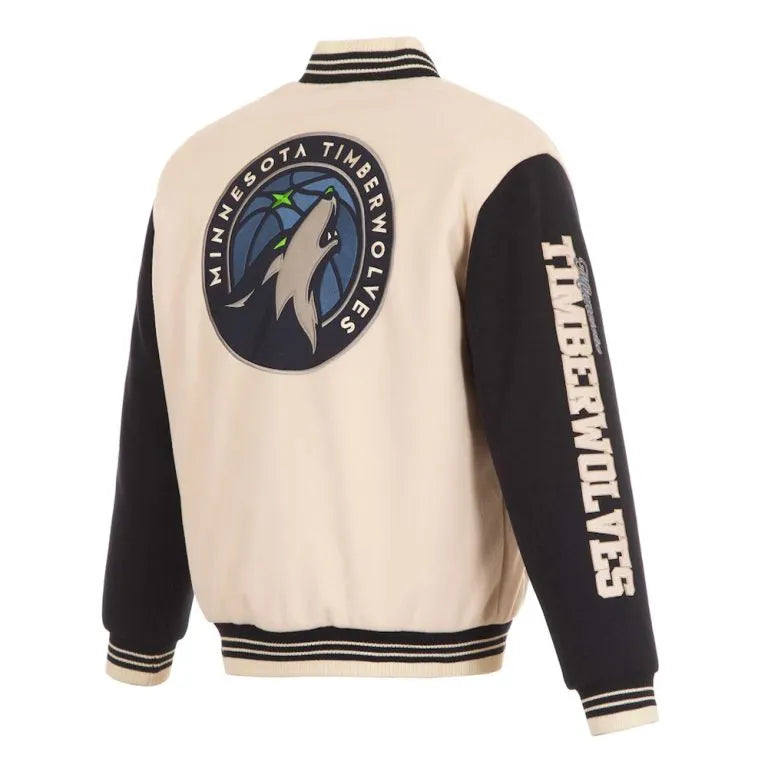 Minnesota Timberwolves Varsity Cream Wool & Black Genuine Leather Sleeves Men's Jacket