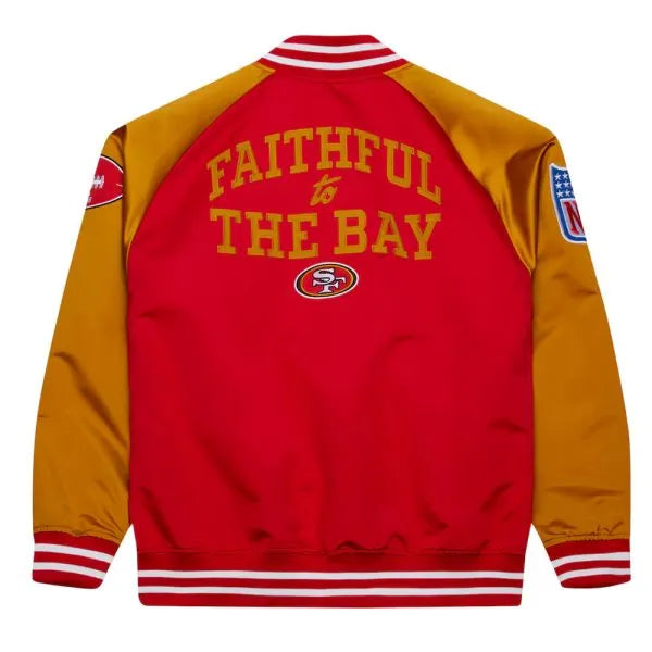 San Francisco 49ers Faithful to The Bay Full-Snap Varsity Red and Gold Satin Men's Bomber Jacket