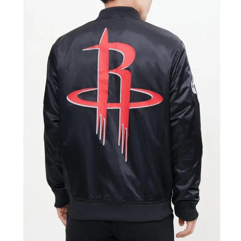 Houston Rockets Big Logo Full-Snap Varsity Black Satin Men's Bomber Jacket
