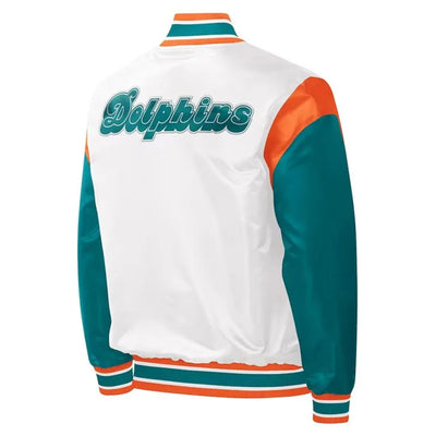 Miami Dolphins Throwback Warm Up Pitch Full-Snap Varsity White & Aqua Satin Men's Bomber Jacket