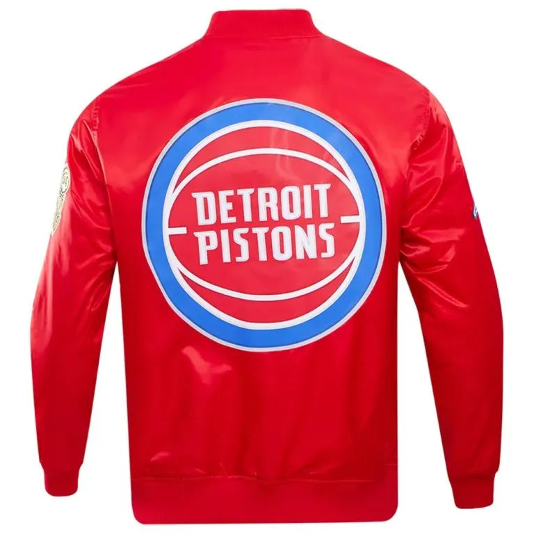 Detroit Pistons Big Logo Full-Snap Varsity Red Satin Men's Bomber Jacket