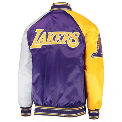 Los Angeles Lakers Reliever Full-Snap Varsity Tri Color Satin Men's Bomber Jacket