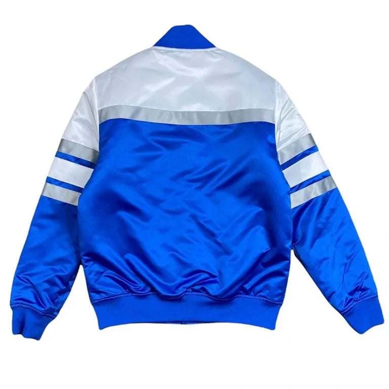 Detroit Lions Special Script Heavyweight Full-Snap Varsity Blue and White Satin Men's Bomber Jacket