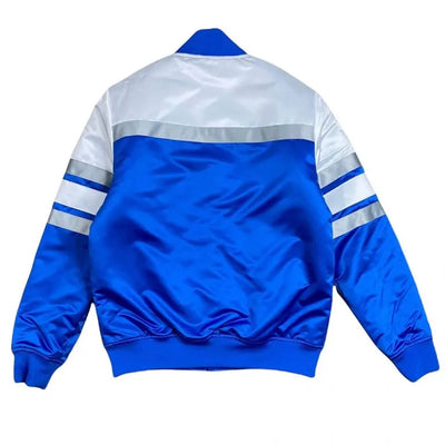 Detroit Lions Special Script Heavyweight Full-Snap Varsity Blue and White Satin Men's Bomber Jacket