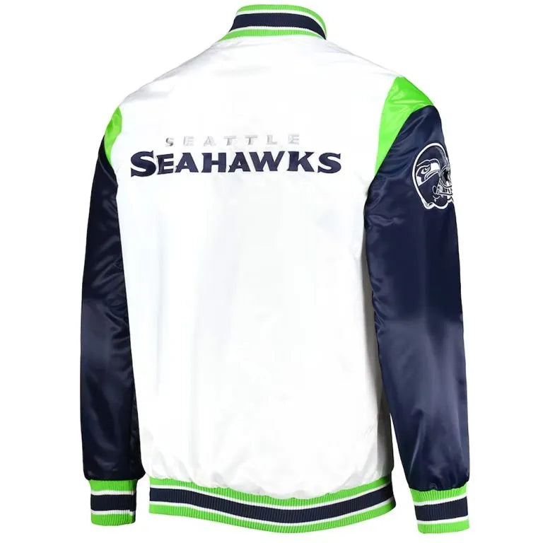 Seattle Seahawks Throwback Warm Up Pitch Full-Snap Varsity Navy Blue & White Satin Men's Bomber Jacket