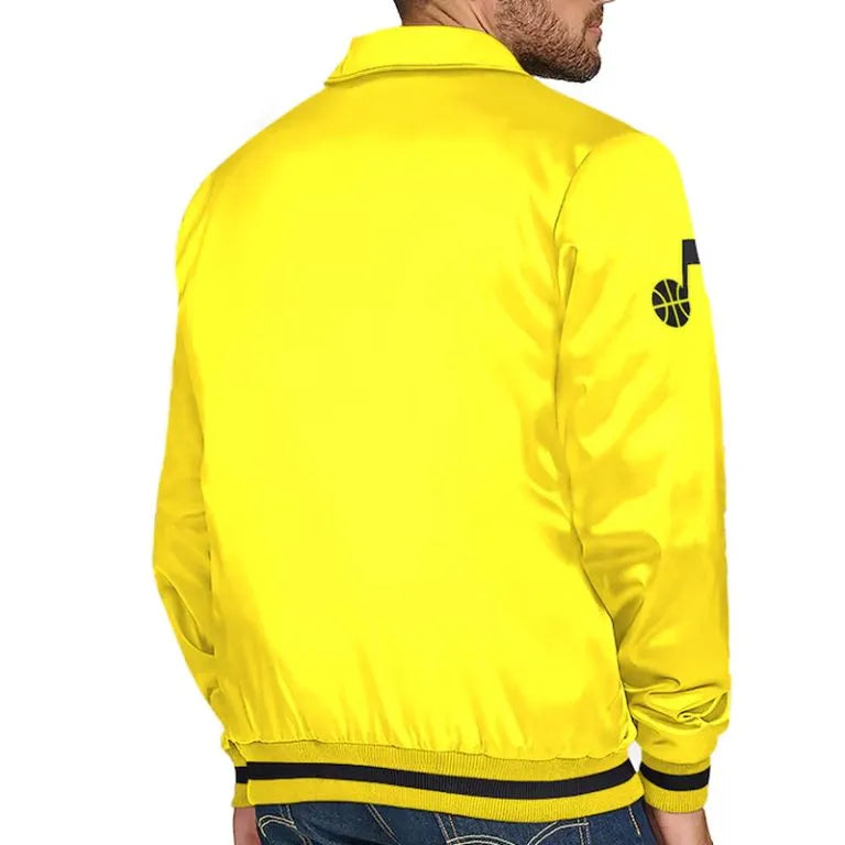 Utah Jazz Stitch Applique Full-Snap Varsity Gold Satin Men's Bomber Jacket