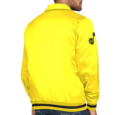 Utah Jazz Stitch Applique Full-Snap Varsity Gold Satin Men's Bomber Jacket