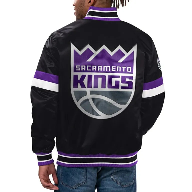 Sacramento Kings Youth Home Game Full-Snap Varsity Purple and Black Satin Men's Bomber Jacket