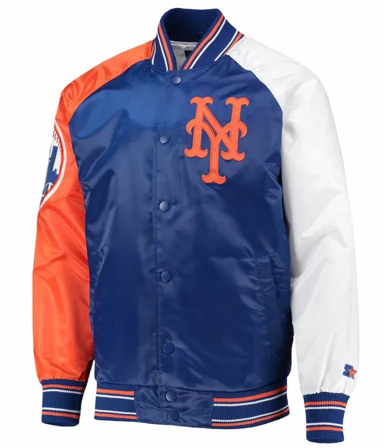 New York Mets Royal Blue & Orange Satin Raglan Full-Snap Varsity Men's Jacket