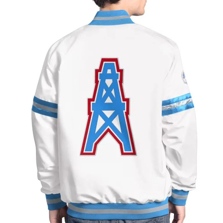 Houston Oilers Scout Full-Snap Varsity White Satin Men's Bomber Jacket