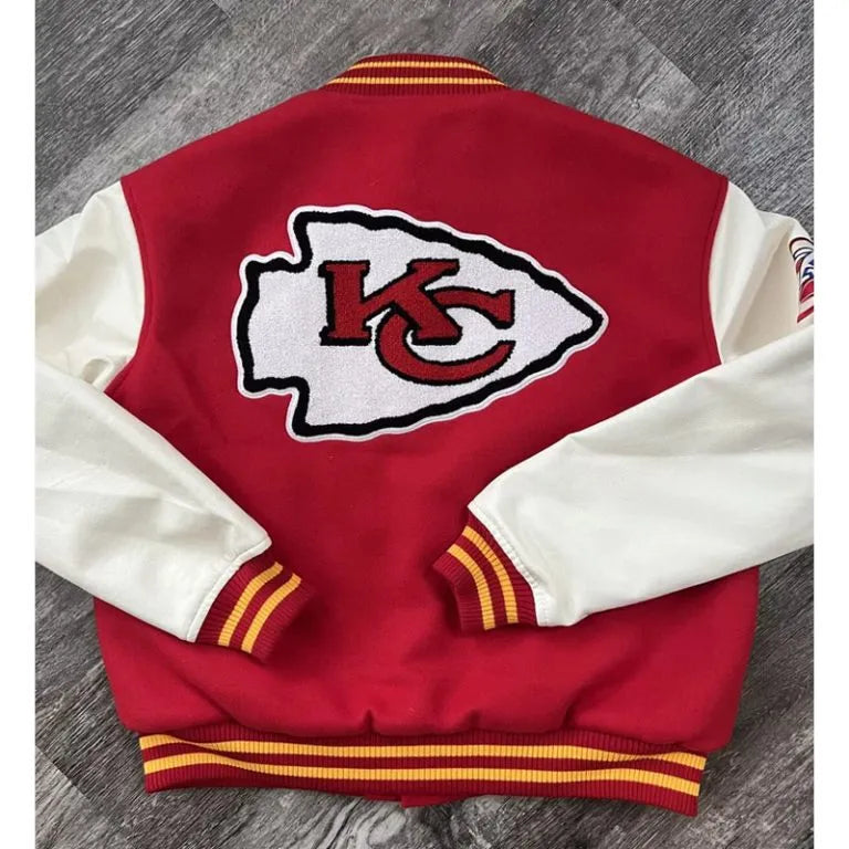 Kansas City Chiefs Thick Red Wool and White Genuine Leather Sleeves Men's Varsity Letterman Jacket